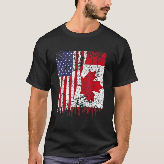Camiseta Canadense Roots Half American Flag Canada Day Flag (Frente)
