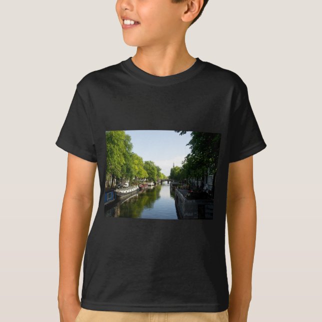 Camiseta Canal de Amsterdã com Barcos e Ponte (Frente)