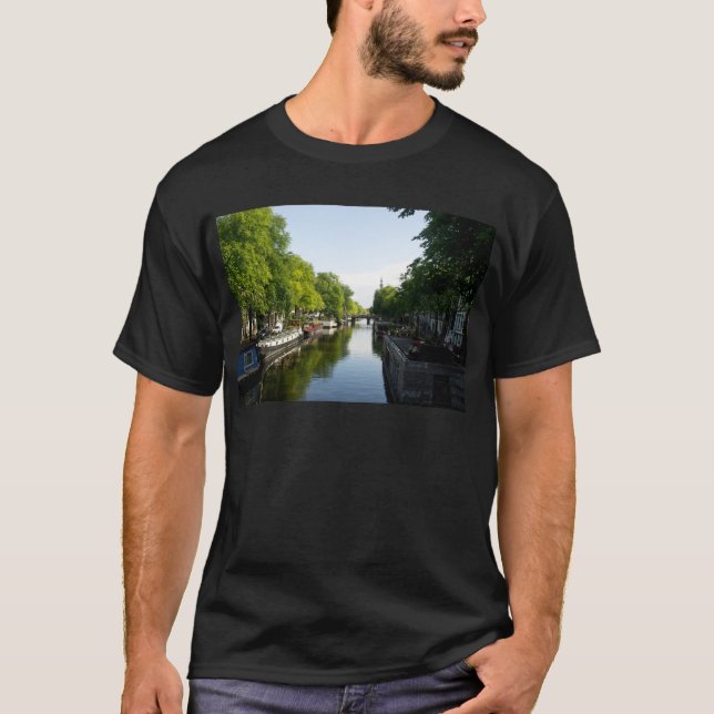 Camiseta Canal de Amsterdã com Houseboats e Árvores Exubera (Frente)