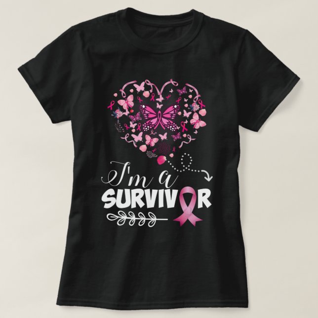 Camiseta Cancer da mama Consciência borboleta rosa Coração  (Frente do Design)