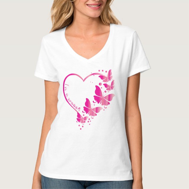 Camiseta Cancer da mama Sensibilização Borboleta Rosa Coraç (Frente)