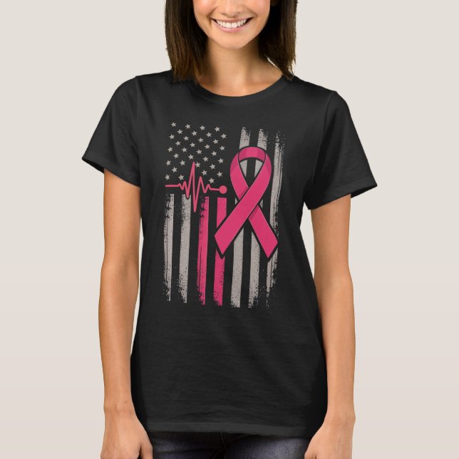 Camiseta Cancer de Fita Rosa Rosa com Bandeira Americana Di (Frente)