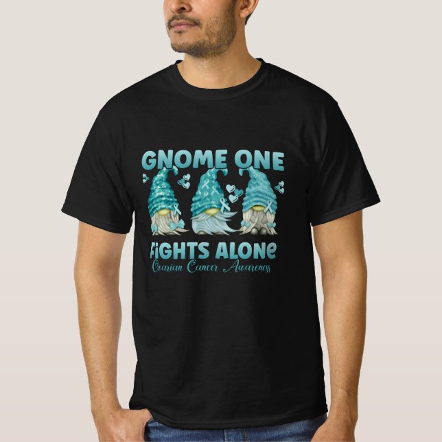 Camiseta câncer de ovário Consciência Teal Ribbon Gnomo (Frente)