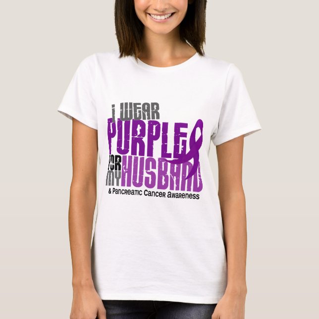Camiseta Câncer de pâncreas eu visto o roxo para meu marido (Frente)