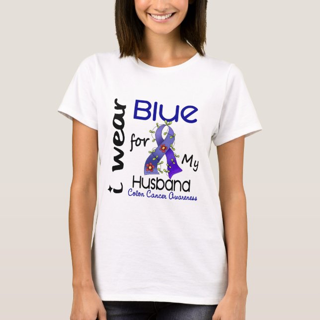 Camiseta Cancro do cólon eu visto o azul para meu marido 43 (Frente)