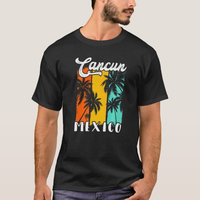Camiseta Cancun Palm Trees Beach Mexico Retro Vacation Fami (Frente)