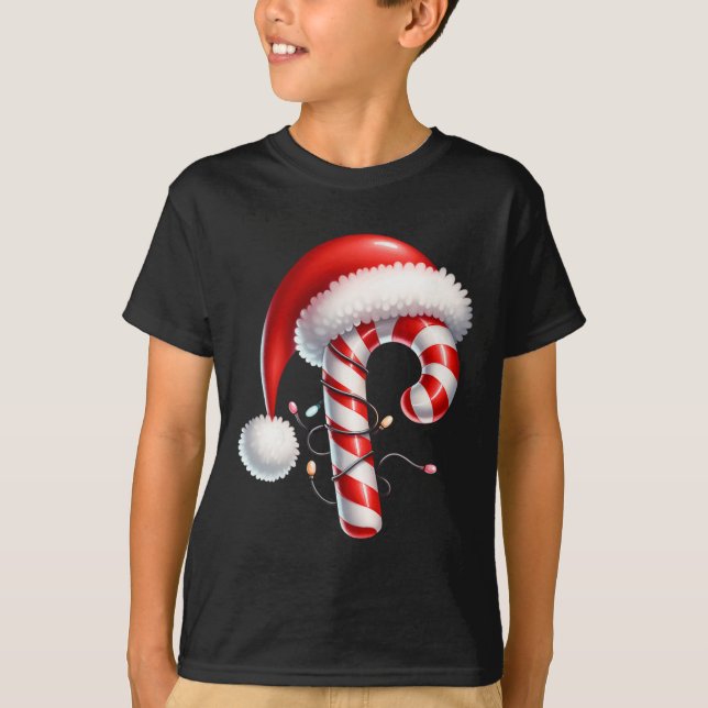 Camiseta Candy Cane Christmas Lights Santa Hat Family Match (Frente)