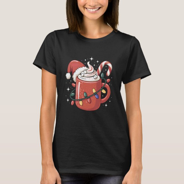 Camiseta Candy Cane Cocoa Mug Christmas Lights Santa Hat Ki (Frente)