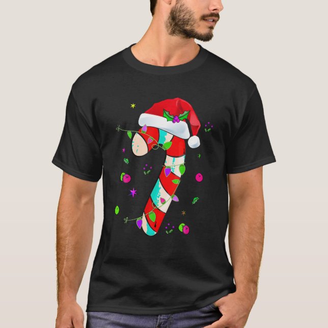 Camiseta Candy Cane Creme Papais noeis de Natal Luzes de Na (Frente)