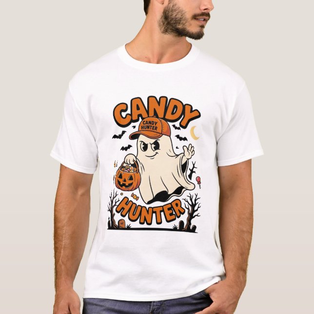 Camiseta Candy Hunter Halloween Fantasma Balde de Abóbora_1 (Frente)