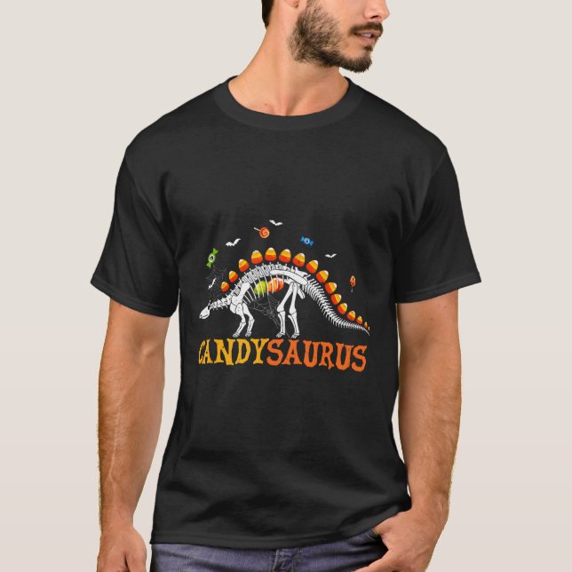 Camiseta Candysaurus Candy Corn Dinossauro Esqueleto Feliz  (Frente)
