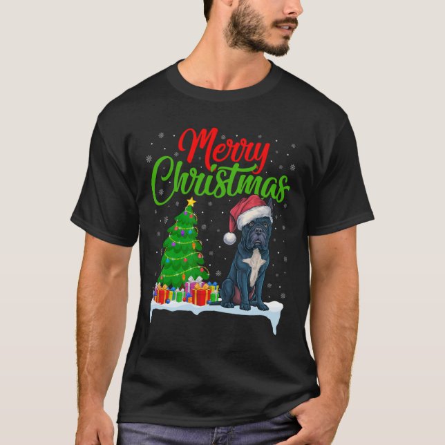 Camiseta Cane Corso Cão Árvore De Natal Luz Engraçada Xmas  (Frente)