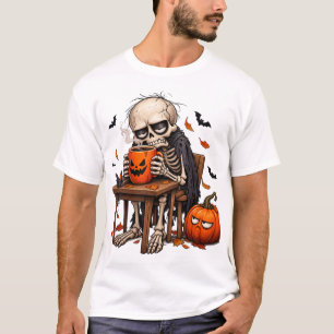 Camiseta Caneca de Abobora para Esqueleto no Halloween