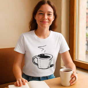 Camiseta Caneca de Café Desenhada à Mão Esboço Minimalista
