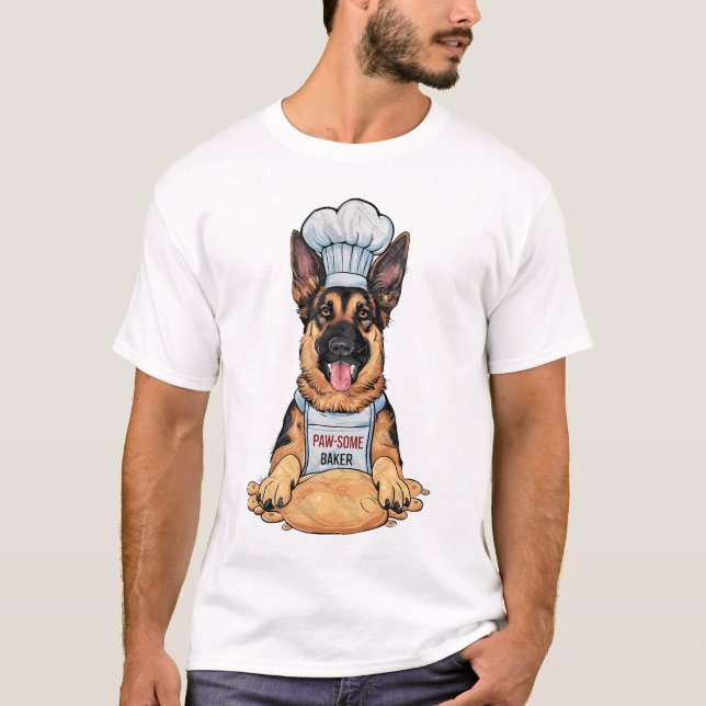 Camiseta Canino Culinário: Pastor Alemão Baker Com Folha (Frente)