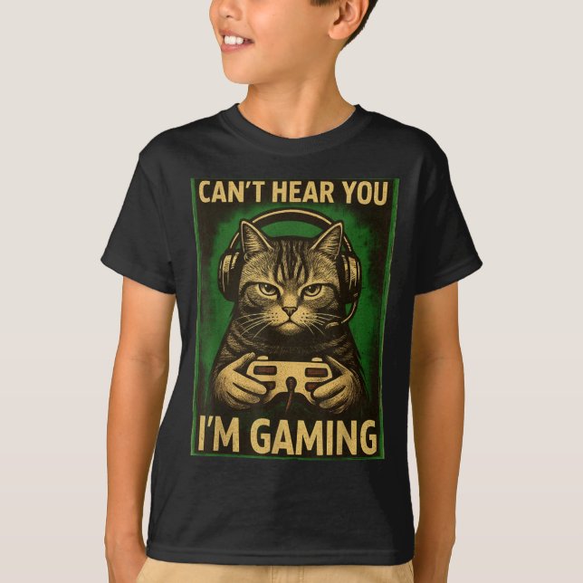 Camiseta Can't Hear You I'm Gaming Funny Gamer Cat Playing  (Frente)