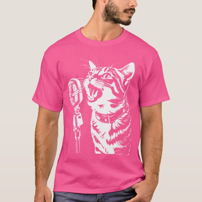Camiseta Cantando Gato Com Cantor De Gatos De Microfone (Frente)