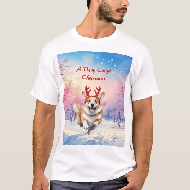 Camiseta Canteiros de Corgi Reindeer de Natal saltando em n (Frente)