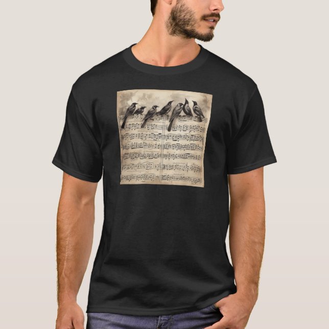 Camiseta canto de pássaros sentados em composição musical (Frente)