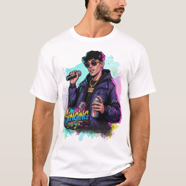 Camiseta Cantor do Pop do grafite com Mic e Spray Can (Frente)