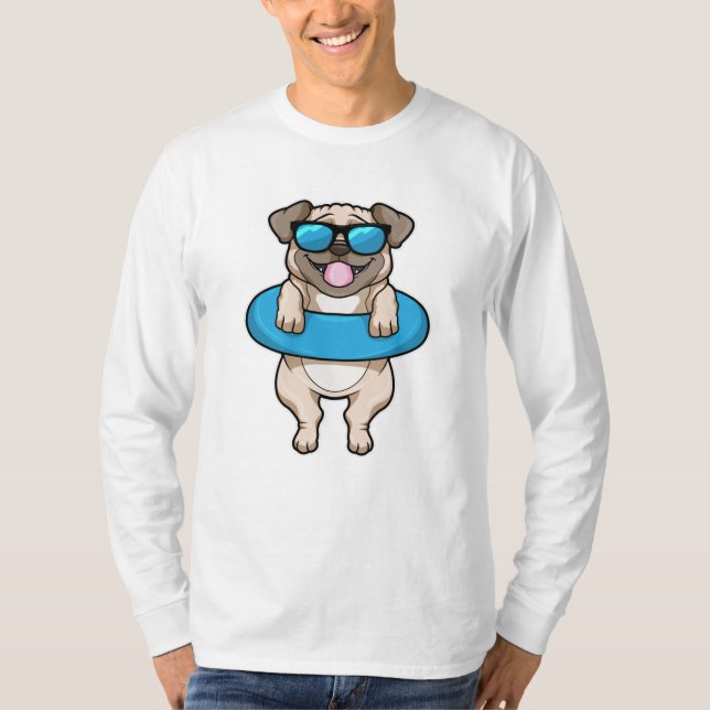 Camiseta Cão a Nadar com anel de Natação e óculos de sol (Frente)