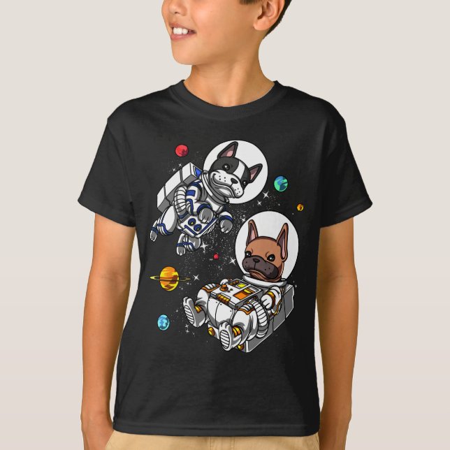 Camiseta Cão Astronauta do Bulldog Francês Espacial (Frente)