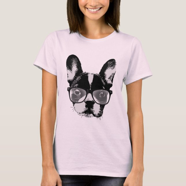 Camiseta Cão bonito Nerdy do buldogue francês (Frente)