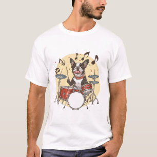 Camiseta Cão Boston Terrier Tocando Tambores