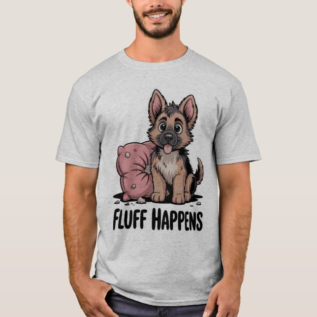 Camiseta Cão Cachorro "Fluff Happens", German shepherd Cach (Frente)