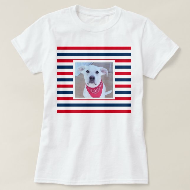 Camiseta Cão Cachorro Vermelho Branco Azul Strips Foto Patr (Frente do Design)