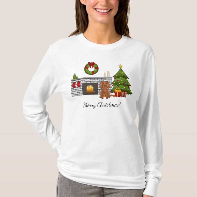 Camiseta Cão Cavalier Ruby em Sala de Natal Festiva (Frente)