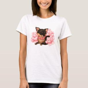 Camiseta Cão chihuahua bonito com flores cor-de-rosa 