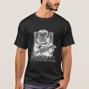 Camiseta cão com guitarra elétrica e cãozinho e rocha