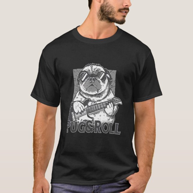 Camiseta cão com guitarra elétrica e cãozinho e rocha (Frente)