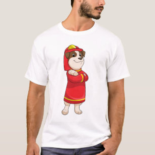 Camiseta Cão como Bombeiro com Capacete