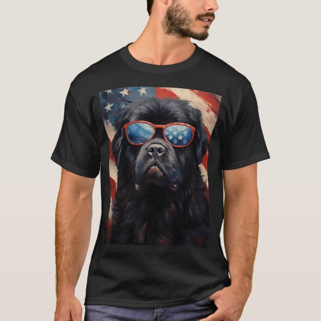 Camiseta Cão da Terra Nova, 4 de julho, bandeira americana (Frente)