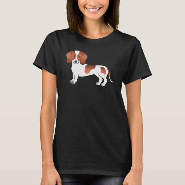 Camiseta Cão-de-cartoon Casaco Dachshund, branco vermelho-b (Frente)