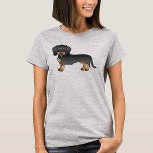 Camiseta Cão De Cartoon De Dachshund Com Cabos Negros E Tan