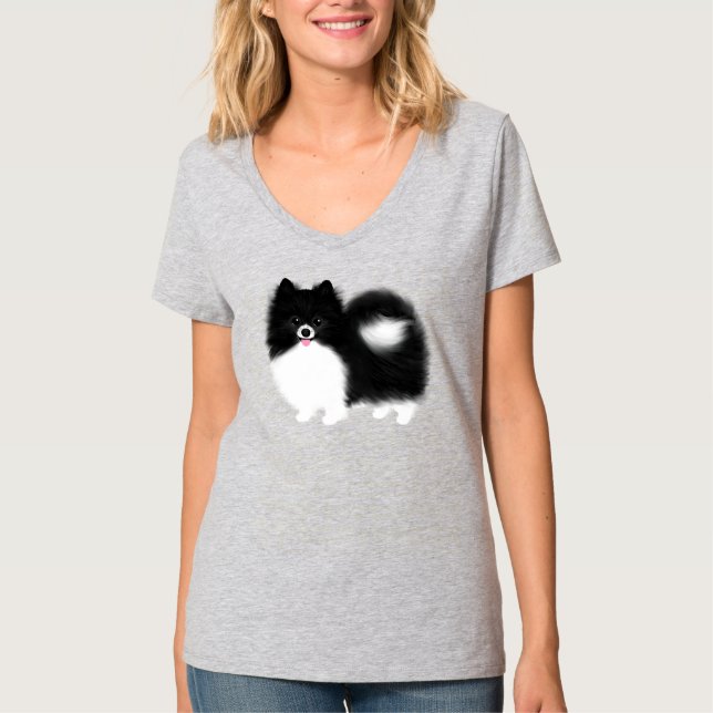 Camiseta Cão de Cartoon Negro e Branco da Pomerânia (Frente)