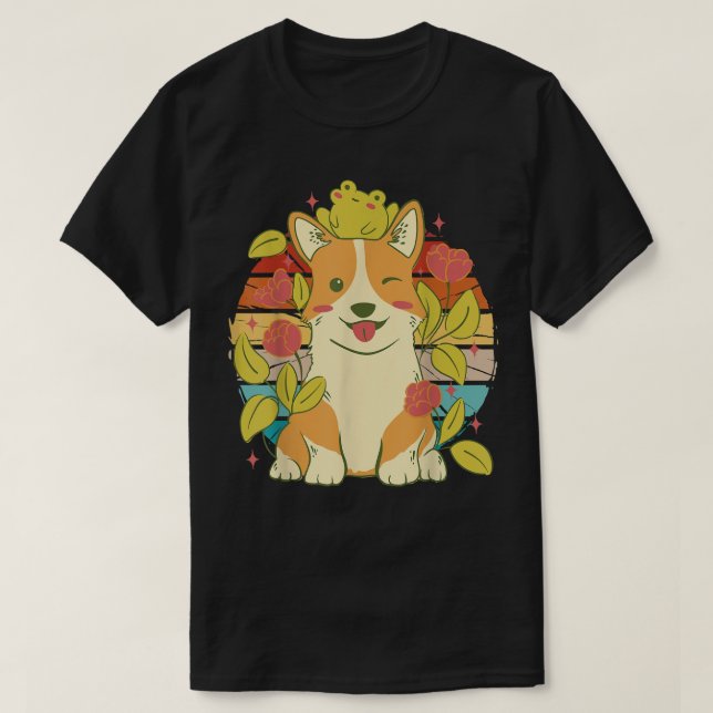 Camiseta Cão de corgu giro com sapo e flor bonitinhos (Frente do Design)