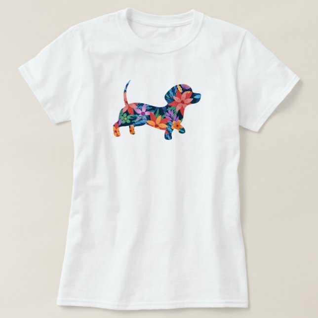 Camiseta Cão de Dachshund Floral (Frente do Design)