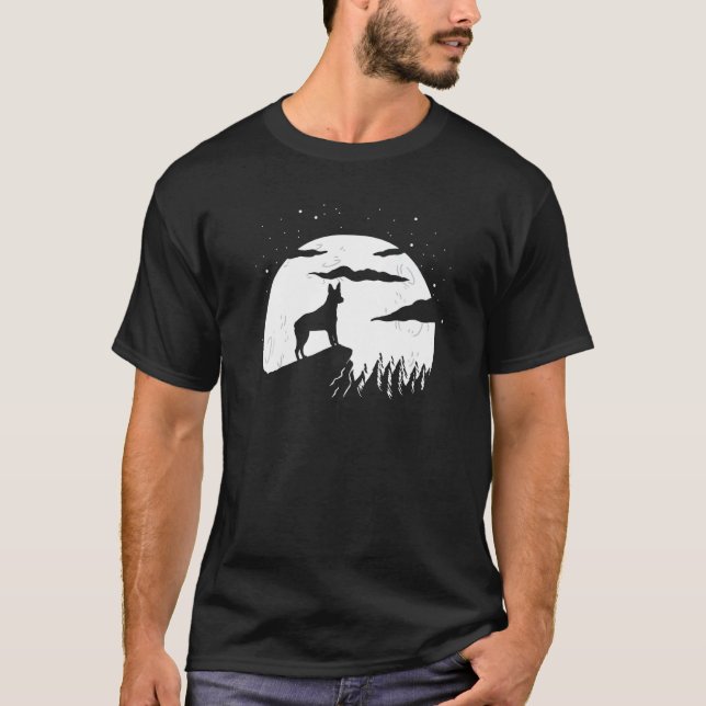Camiseta Cão de Gado de Cauda Curtinha Australiano e Lua no (Frente)