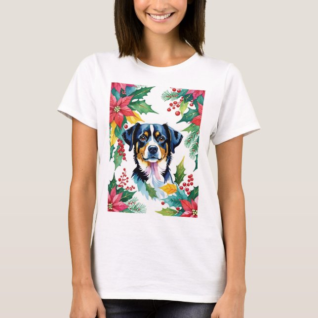Camiseta Cão De Natal Adorável Com Poinsettias (Frente)