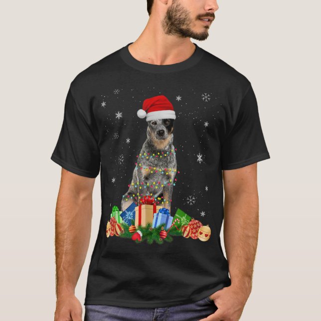 Camiseta Cão-de-Natal australiano Luzes de Natal Cachorro C (Frente)
