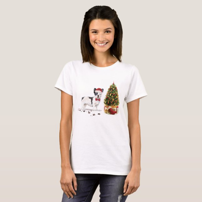 Camiseta Cão de Natal do Buldogue Negro e Branco (Frente Completa)