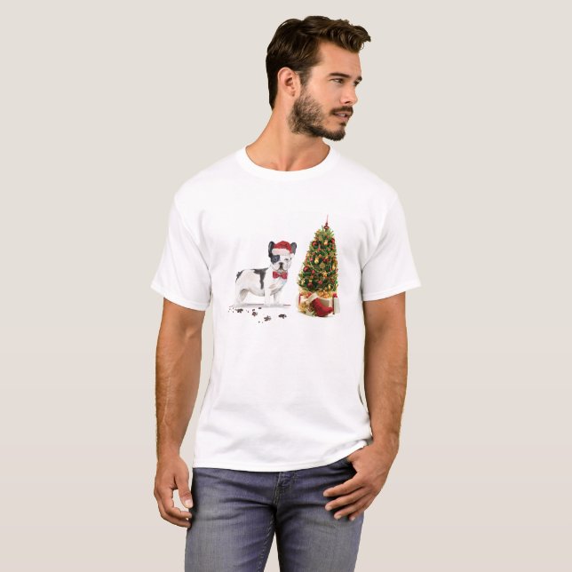 Camiseta Cão de Natal do Buldogue Negro e Branco (Frente Completa)