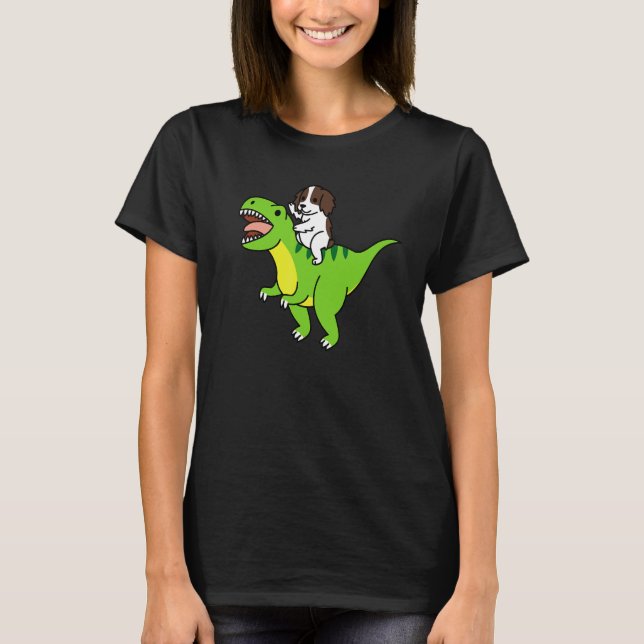 Camiseta Cão Dinosaur Rex Montando Springer Spaniel Inglês (Frente)