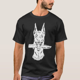 Camiseta Cão Dobermann com Faca Entre os Dentes Homem Mulhe