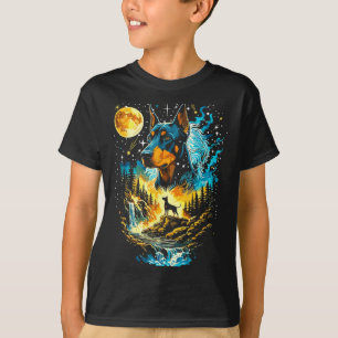 Camiseta Cão Dobermann uivando para a lua vintage