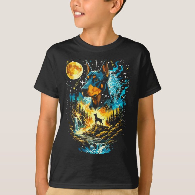 Camiseta Cão Dobermann uivando para a lua vintage (Frente)